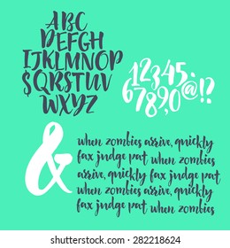 Alphabet letters: lowercase, uppercase and numbers. Vector alphabet. Hand drawn letters. Letters of the alphabet written with a paint brush