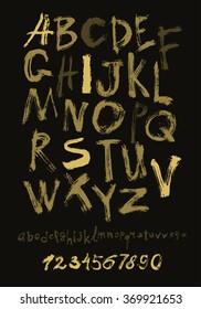 Alphabet letters lowercase, uppercase and numbers. Vector alphabet. Hand drawn letters. Letters of the alphabet written with a paint brush gold on black.