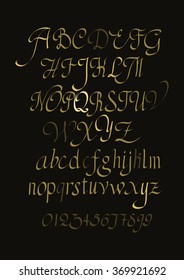 Alphabet letters lowercase, uppercase and numbers. Vector alphabet. Hand drawn letters. Letters of the alphabet written with a paint brush gold on black.