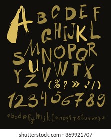 Alphabet letters lowercase, uppercase and numbers. Vector alphabet. Hand drawn letters. Letters of the alphabet written with a paint brush gold on black.