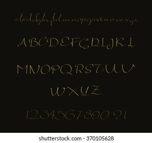 Alphabet letters lowercase, uppercase and numbers. Vector alphabet. Hand drawn letters. Letters of the alphabet written with a paint brush gold on black.