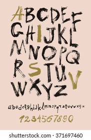 Alphabet letters lowercase, uppercase and numbers. Vector alphabet. Hand drawn letters. Letters of the alphabet written with a paint brush. gold, black and pink color combination.