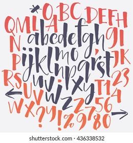 Alphabet letters: lowercase, uppercase, numbers. Vector alphabet. Hand drawn letters. Letters of the alphabet written with a soft watercolor paint brush