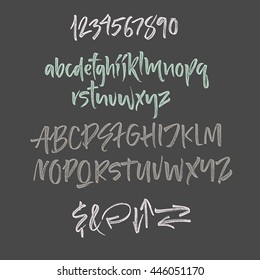 Alphabet letters: lowercase, uppercase and numbers. Vector alphabet. Hand drawn letters. Letters of the alphabet written with a paint brush