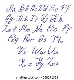 Alphabet letters: lowercase, upper-case. Vector alphabet. Hand drawn letters. Letters of the alphabet written with an ink. Purple alphabet on white background.
