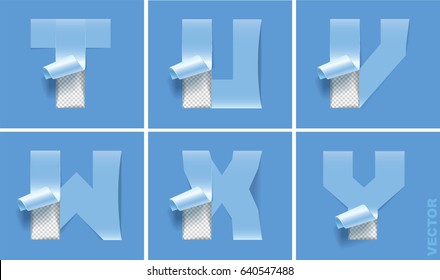 Alphabet letters made in the form of torn paper. Vector image. T, U, V, W, X, Y