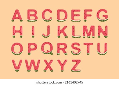 Alphabet letters made of red watermelon slices, isolated on a yellow background, stylized font, vector illustration