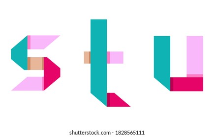 alphabet letters made of several color combinations with illustrations such as paper folds