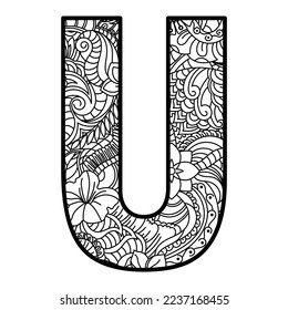 Alphabet letters mandala design with nature elements, Black and white (letter U) zentangle