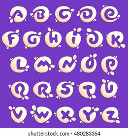 Alphabet letters in milk, yogurt or cream splashes. Vector elements for natural application, ecology presentation, package or cafe posters.