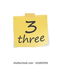 alphabet letters number three on yellow sticky note paper and tap isolated on blank background with shadow
