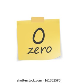 alphabet letters number zero on yellow sticky note paper and tap isolated on blank background with shadow
