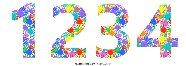 Alphabet, Letters numbers 1 2 3 4 with  pattern of colorful  ink blots, abstract color splash, Colored Spray, isolated on white background, vector illustration
