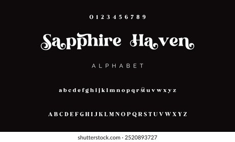 Letras e números alfabéticos em uma fonte atraente, premium e luxuosa. Elegante tipografia de casamento com uma fonte vintage retro serif decorativa.