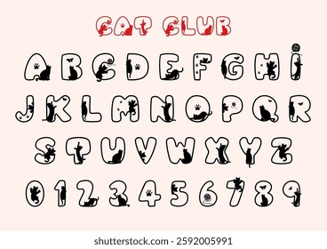 Alphabet letters and numbers with cat shadow, decorative font for Cricut, cute cat animal theme, Typography typeface vector illustration, A-Z and Number