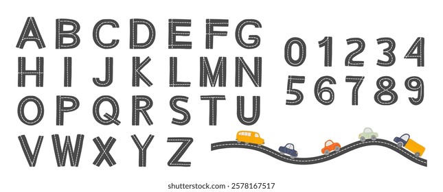 Alphabet letters and numbers font set with car road track highway for preschool kids education. English abc and numerals kit for children studying during fun game entertainment vector illustration