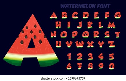 Alphabet letters and numbers made of red watermelon slices, isolated on a dark background, stylized font, vector illustration 