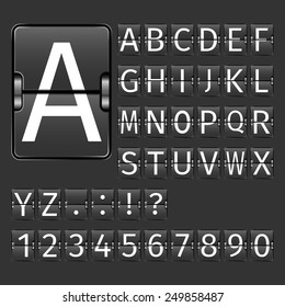 Alphabet letters and numbers on black arrival departure airport board vector illustration