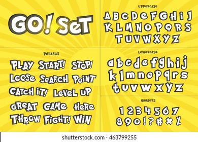 Letra alfabeta, números y frases al estilo de las caricaturas pokémon. Ilustración del vector