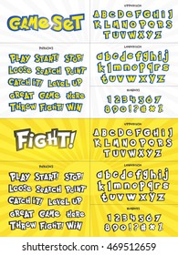 Alphabet letters numbers and phrases in cartoon style. Vector illustration