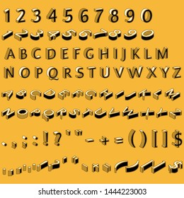 Alphabet letters, numbers and punctuation marks in retro style, isometric font, 3D typography vector illustration on yellow background