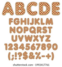Alphabet, letters, numbers and signs from berry pie. Isolated vector objects on a white background.