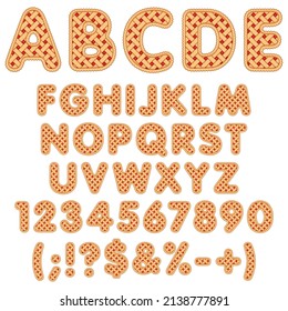 Alphabet, letters, numbers and signs from berry pie. Isolated vector objects on a white background.