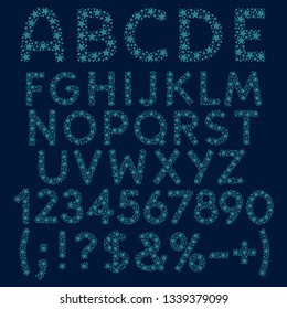 Alphabet, letters, numbers and signs of blue constellations, stars and dots. Set of isolated vector objects on white background.