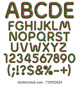 Alphabet, letters, numbers and signs from Christmas red and green sweets. Isolated vector objects on white.