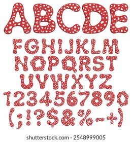 Alphabet, letters, numbers and signs from the fly agaric mushroom. Isolated vector objects on white background.