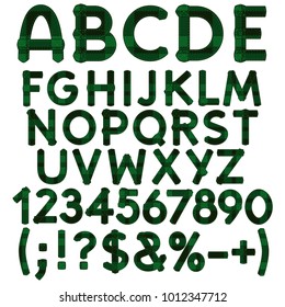 Alphabet, letters, numbers and signs from green cloth tartan. Isolated vector objects on white background.