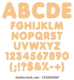 Alphabet, letters, numbers and signs made from cookie. Set of colored isolated vector objects on a white background.