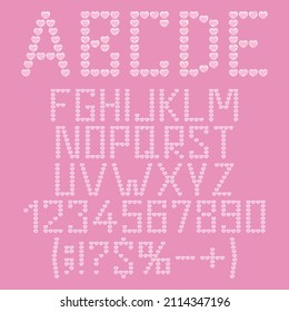 Alphabet, letters, numbers and signs from plastic heart bubbles, packaging bubble wrap. Set of isolated vector objects.
