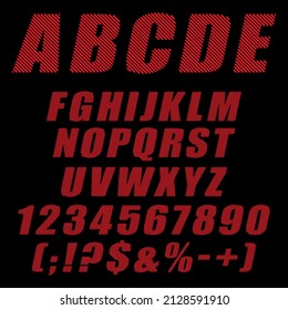 Alphabet, letters, numbers and signs from red stripes. Isolated vector objects on a black background.