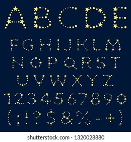 Alphabet, letters, numbers and signs of yellow stars. Isolated vector objects.
