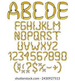 Alphabet, letters, numbers and signs from yellow bananas. Isolated vector objects on white background.