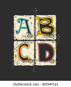 Alphabet letters on grunge postage stamp. vector illustration
