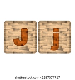Alphabet Letters On Wooden Pieces Vector Illustration. Capital And Small Letter J With Wooden Texture
