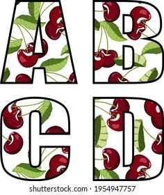 Letras alfabetas con un patrón. Dibujo de color de cerezas en las letras del alfabeto inglés