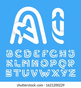 Alphabet letters with plane and airline inside. Vector typeface for flight labels, travel headlines, delivery posters, aviation cards etc.