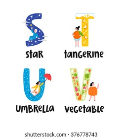Alphabet letters s to v, vector illustrations set