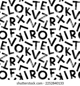 Alphabet letters seamless pattern. Brush drawn grunge thick font. Monochrome typography background in grunge style. Scattered letters alphabet. Vector black paint texture. Stamp typography print.