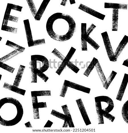 Alphabet letters seamless pattern. Brush drawn grunge thick font. Monochrome typography background in grunge style. Scattered letters alphabet. Vector black paint texture. Stamp typography print.