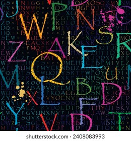 Alphabet schreibt nahtloses Muster. Moderner Hintergrund im Matrix-Stil. Wiederholen Sie die halftone helle Hintergrund. Digitale trendige Buchstaben-Ornamente. Farbige Fonts-Kollektion. Abc-Symbole und -Zeichen, Plakate. 