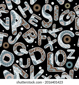 Alphabet letters seamless pattern. Ornamental symbols background. Ethnic style floral patterned lettering. Decorative beautiful ornate english abc collection. Modern creative trendy signs. Vector.