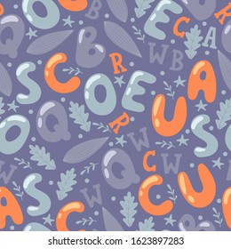 Alphabet letters in seamless pattern, vector illustration. Wrapping paper or fabric print design, set of isolated icons of letters and leaves. Childish font, decorative background, typographic texture
