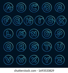 Alphabet letters set in a circles. Impossible line style. Perfect blue icons for digital labels, nightlife print, neon advertising, etc.