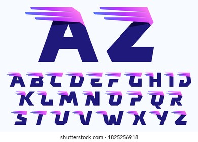 Alphabet letters set with fast speed lines or wings. Corporate branding identity design template with vivid gradient. Can be used for delivery ads, technology poster, sport identity, etc.