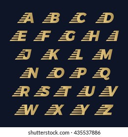 Alphabet letters set with fast speed stripe design element. Corporate branding identity design template on dark blue background. ABC letters collection. Vector illustration