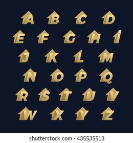 Alphabet letters set with House arrow design element. Real Estate Corporate branding identity design template on black background. ABC letters collection. Vector illustration